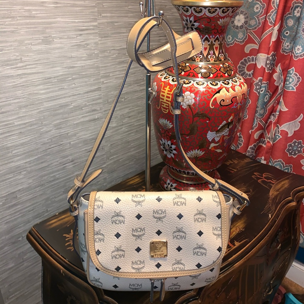 MCM Vicetos Cream Double Zip Crossbody Flap Bag